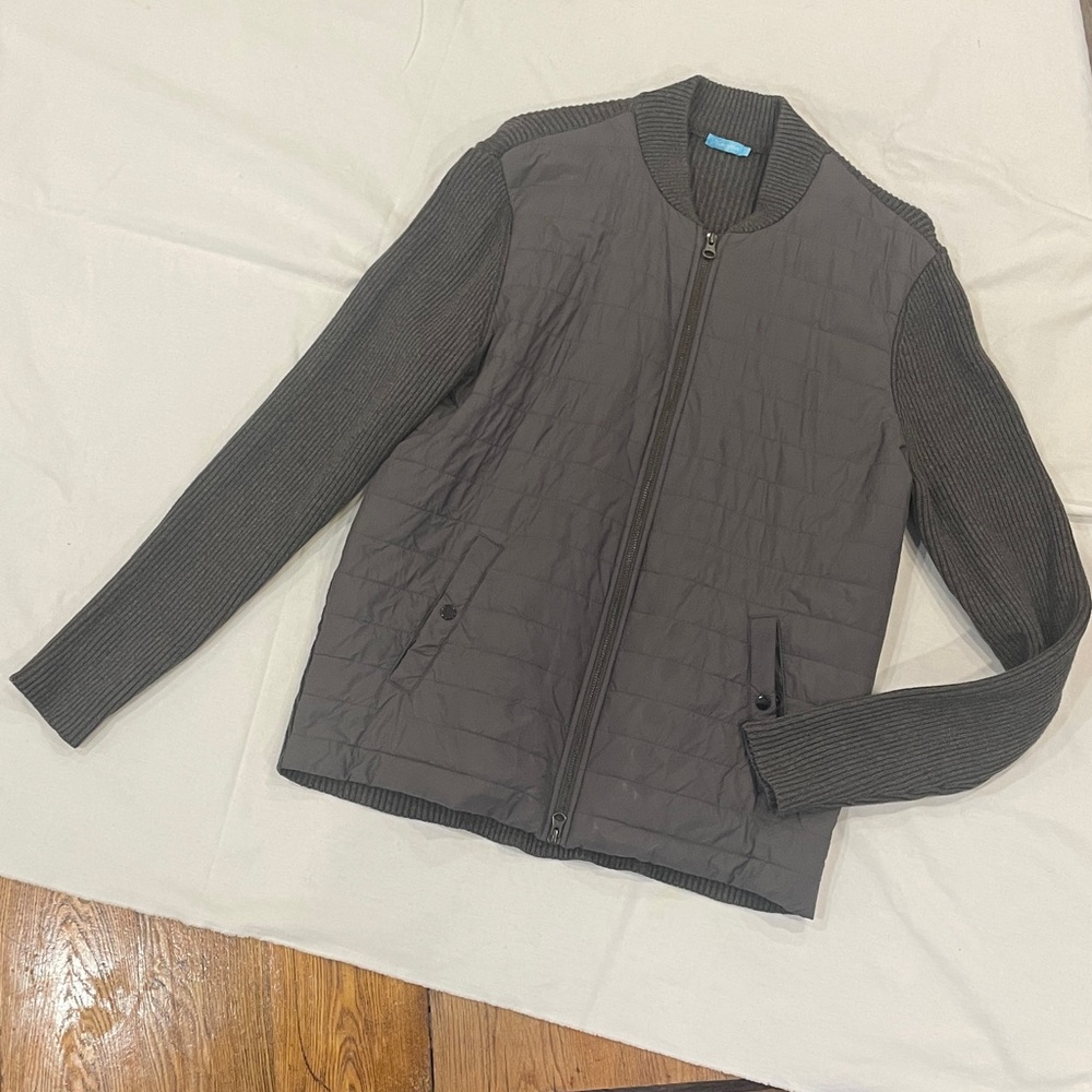 J. McLaughlin Dark Grey Quilted Jacket with woven sleeves/back